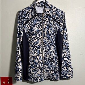 Susan gravers Blue and White Patterned zip up jacket with studded details L